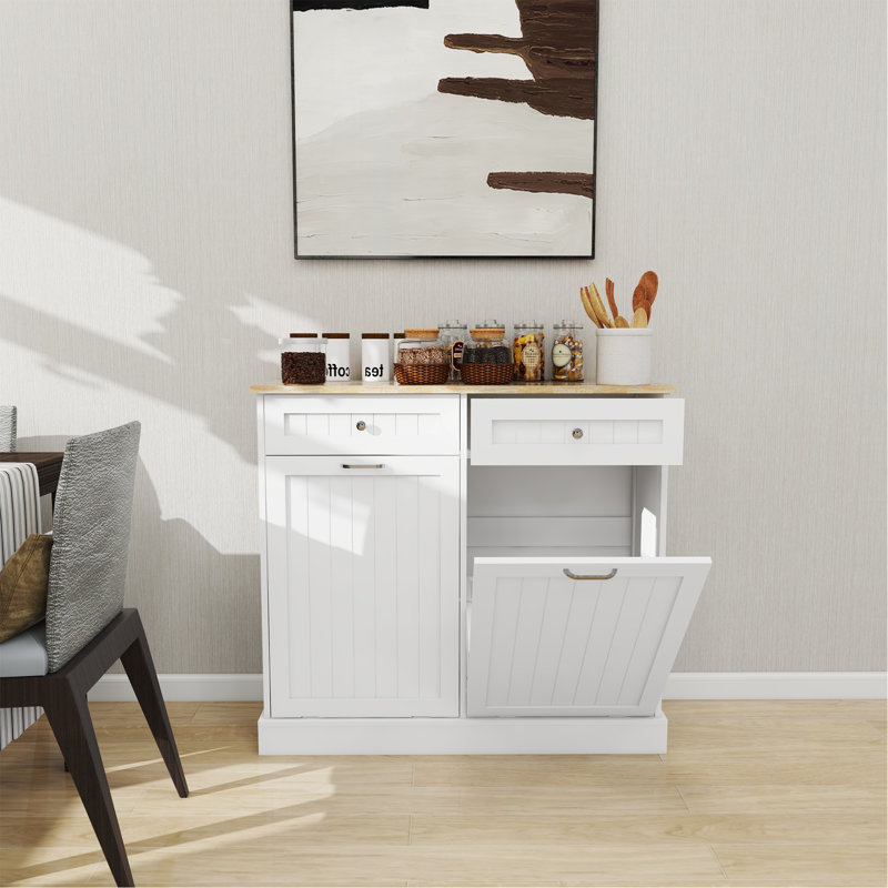 Armoire poubelle de cuisine à deux tiroirs et deux compartiments basculants - blanc