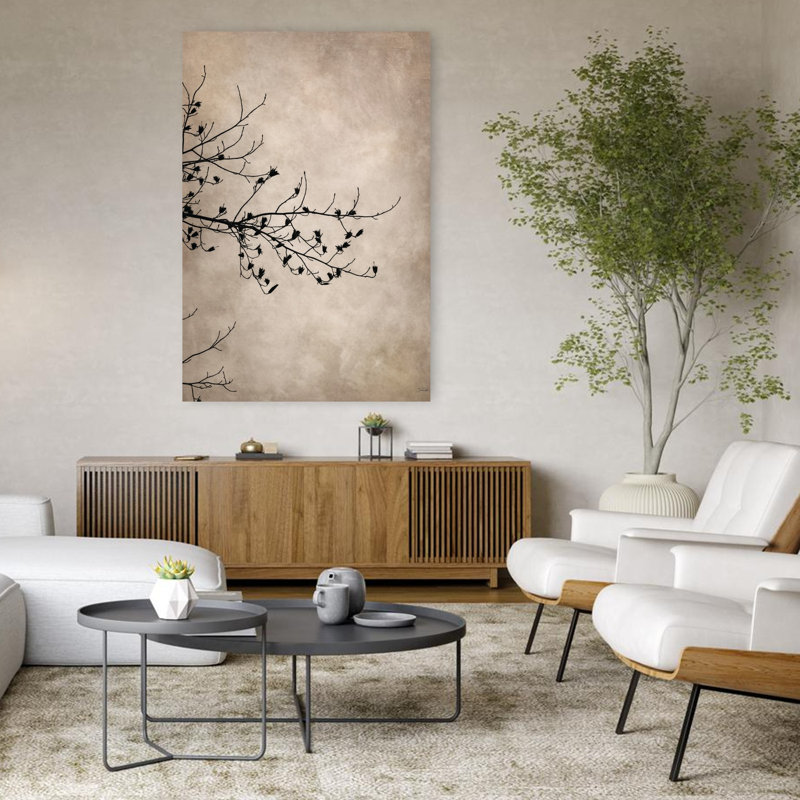 «At Rest In The Lake Fog», art contemporain de paysage d'arbre abstrait, H 48 po x l 32 po