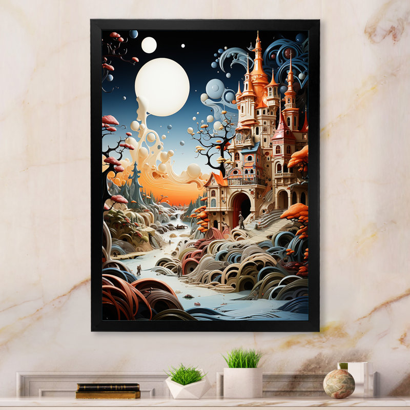 Machaela, surréalisme, château de rêve sur toile, H 32 po x l 16 po x P 1 po, Cadre photo noir
