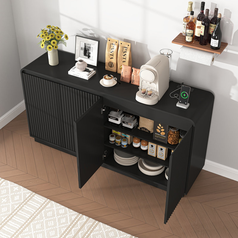4-Door Fluted TV Stand With Power Outlet, Handleless Wave Design Entertainment Centre, Adjustable 3-Tier Particle Board Storage Cabinet, Multi-Functional Media Console & Buffet Sideboard