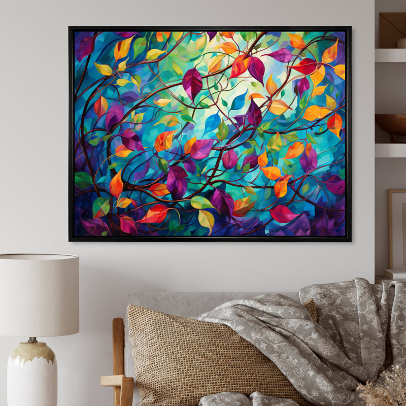Multicolor Vibrant Vines I - Abstract Botanicals, art mural, Cadre flottant noir, H 34 po x l 44 po x P 1,5 po