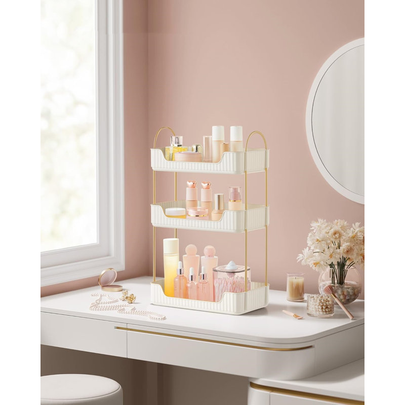 Organisateur de maquillage à 3 niveaux avec accessoires personnalisables - Porte-bijoux et porte-bijoux peu encombrant pour meuble-lavabo, chambre à coucher ou salle de bain - Fabrication robuste en métal et en plastique PET