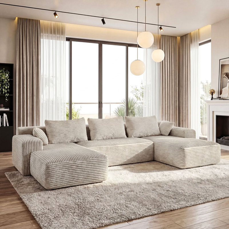Canapé en U rembourré et désossé avec chaises doubles et coussins, Crème
