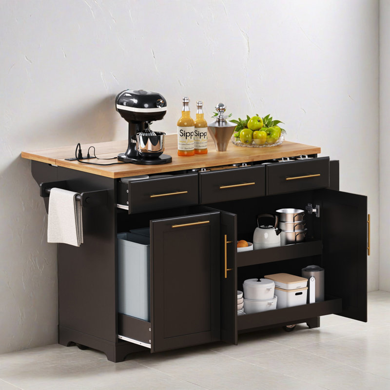 59.32" Kitchen Island, Rolling Kitchen Island with Trash Can Storage, Power Outlet, Spice & Towel Rack for Kitchen, Dining Room