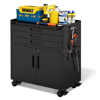 Ackron 34.3"H Heavy-Duty Rolling Tool Cabinet with Lockable Doors & 3 Drawers, All-Steel Mobile Garage Storage and Workbench