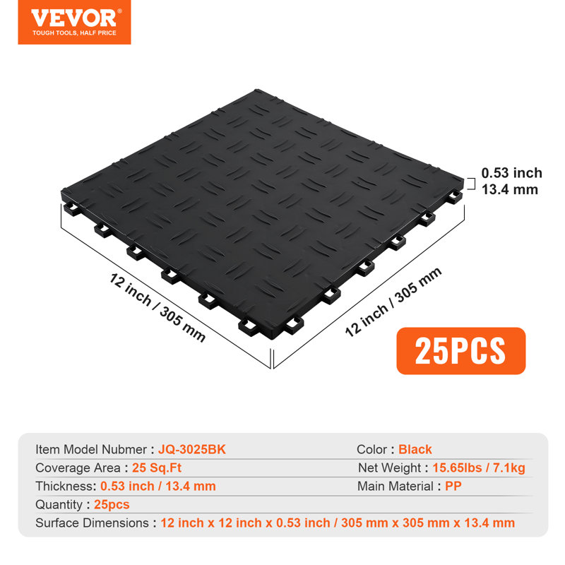 VEVOR 12 in. W x 12 in. L Garage Flooring Roll Drain Tiles in, Black