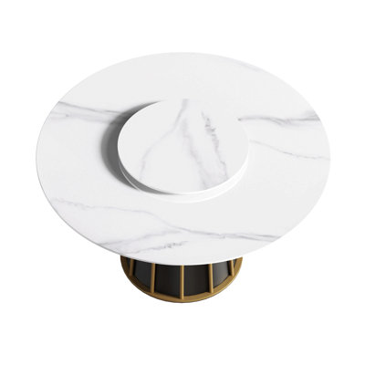 Table de salle à manger 53,15 "en pierre artificielle ronde avec base en contreplaqué beige pour table basse pouvant accueillir 6 personnes - 23,62" table en pierre artificielle blanche (sans les chaises)