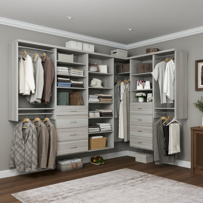 Grey Oak 205" Wall-Mounted L-Shape Closet System with 6 Sections, 5 Clothing Rods, 14 Shelves & 8 Slab Drawers