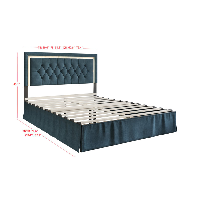 Très grand lit plateforme tapissier Epworth, Bleu denim, Double