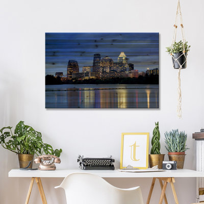 " Buildings At The Waterfront Lit Up At Dusk, Town Lake, Austin, Texas, USA " by Panoramic Images Painting Print