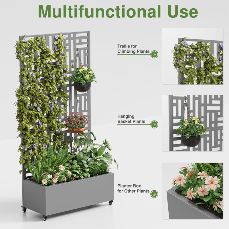 Metal Planter Box with Trellis, Gray