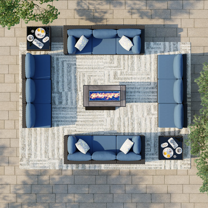 12-Person Outdoor Wicker Patio Set with Cushions and Fire Pit, Navy, Black