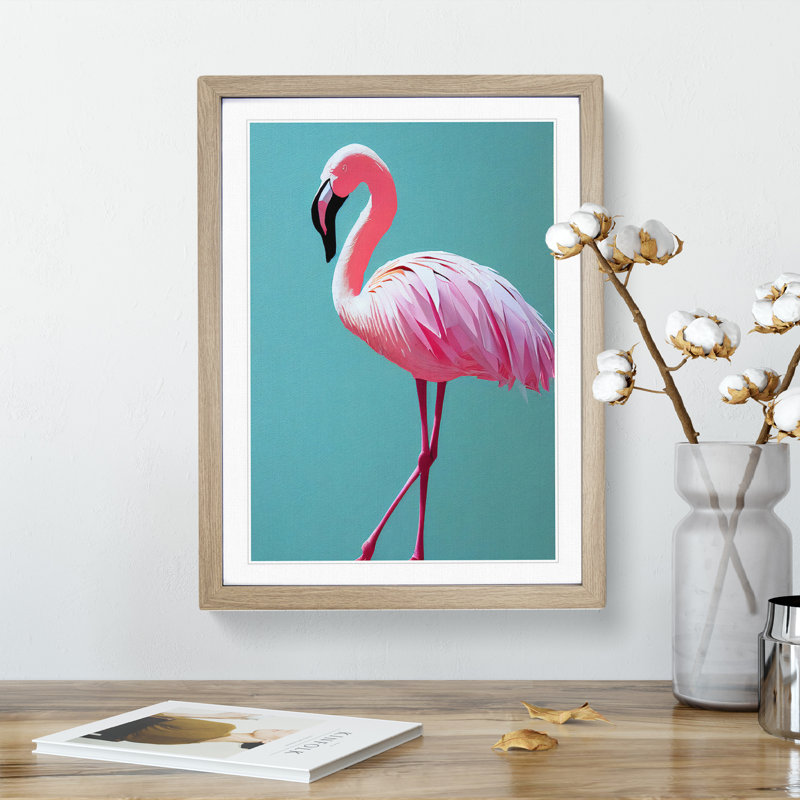 Stunning Flamingo - Single Picture Frame Print, 46cm H x 34cm W x 2cm D, Oak 