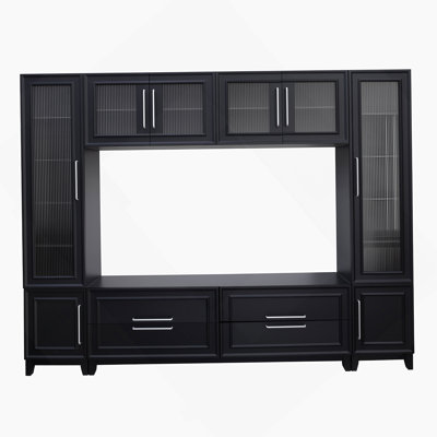 Modern Wall Unit Entertainment Center With Glass Doors, Drawers, And Support For Tvs Up To 75 Inches.