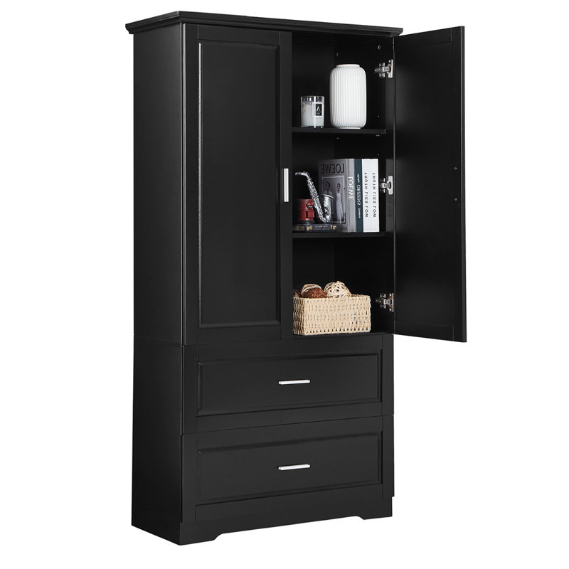 Tall Bathroom Storage Cabinet With Two Doors, Drawers, And Adjustable Shelf For Efficient Organization In Black MDF