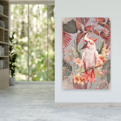 Pink Cockatoo Tropical Bloom Vintage Abstract Bird Nature Tropical Wall Art Print by Andrea Haase - Print