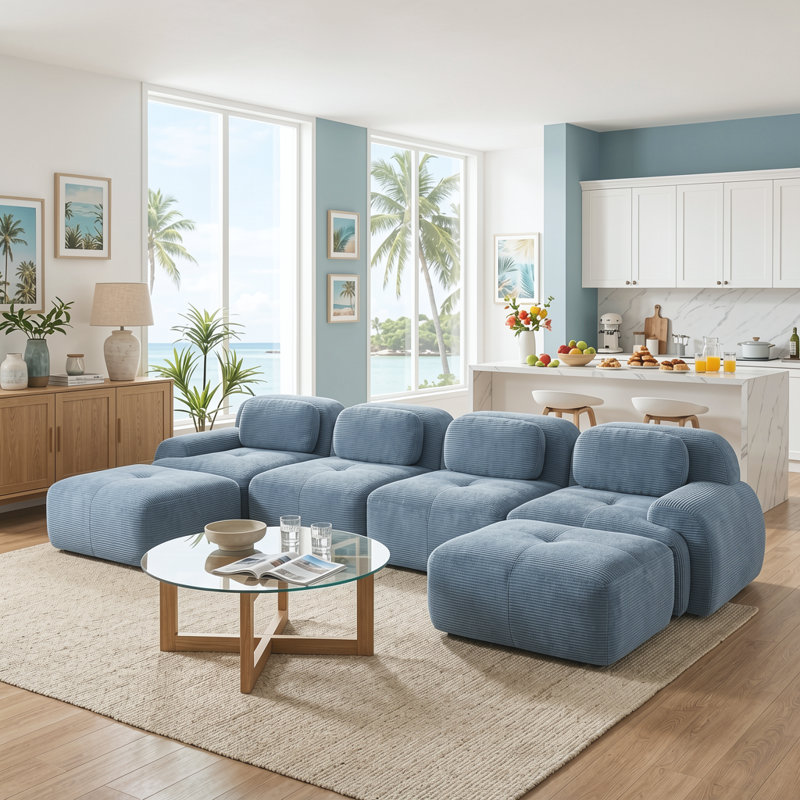 Canapé modulaire en forme de U de 152 po avec larges accoudoirs incurvés et chaises incurvées, sans assemblage, Bleu
