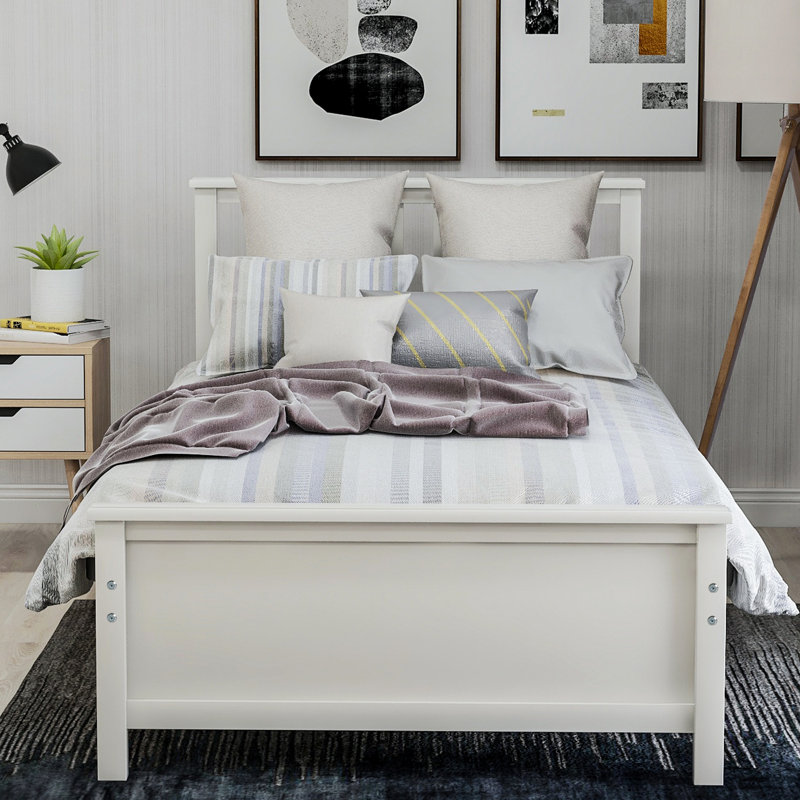 Lit plateforme blanc en bois massif avec tête de lit, pour lit simple