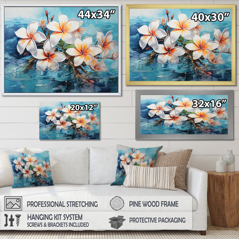 Plumeria Blossoms Come Alive In Water sur toile, H 16 po x l 32 po x P 1 po, Cadre photo doré simple
