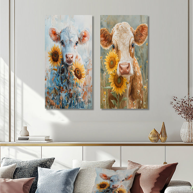 Vache peignant avec pivoines V - ferme jaune, ensemble de 2 reproductions murales en métal, 32" H x 32" W