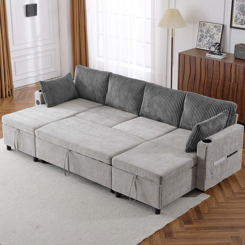 Canapé-lit modulaire 111,8 po avec canapé-lit polyvalent avec grand espace de rangement, deux ports USB et deux porte-gobelets pour le salon