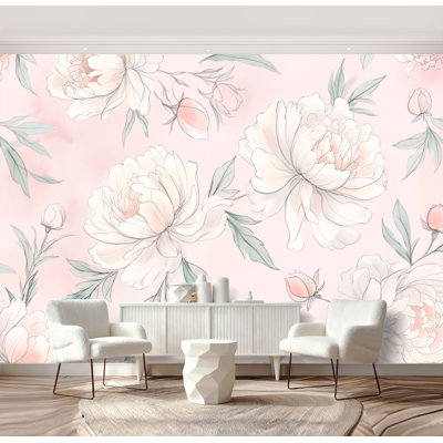 Papier peint à peler et à coller Élégantes fleurs de pivoines roses tendues à la main, feuilles de papier peint pastel doux, H 69 po x l 96 po, papier peint amovible en PVC, autocollant pour chambre à coucher, bureau à domicile
