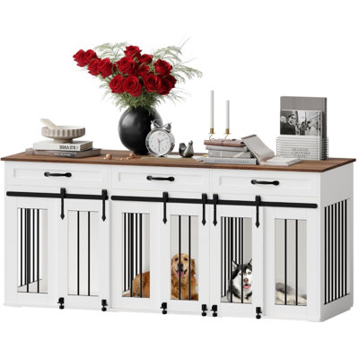 Grande cage pour chien pour 2 chiens, cage pour chien avec cage à 3 tiroirs en bois pour l'intérieur, cage pour chien robuste et meuble télé, parfait pour les chiens de taille moyenne à grande