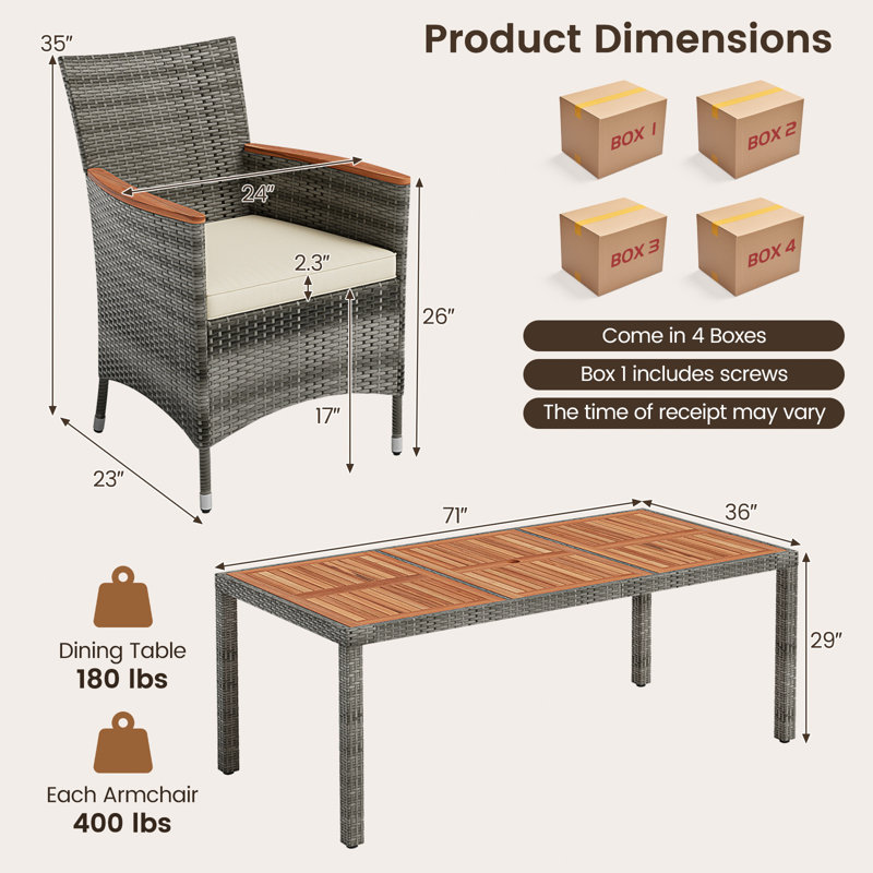 9pcs Patio Rattan Dining Set Acacia Wood Table Cushioned Chair Mix Gray