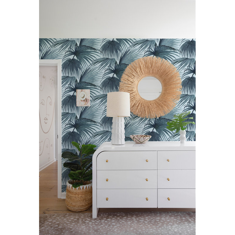 Pawley’s Island Palms Barely Wallpaper by Megan Molten, Blue, Paper