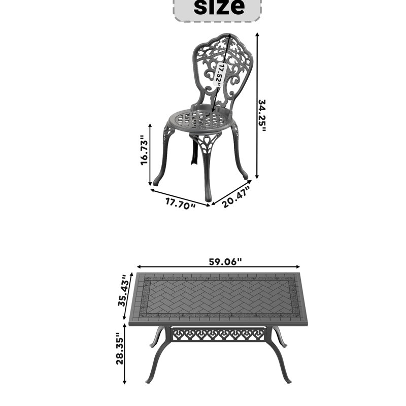 Ensemble de salle à manger 5 places en aluminium moulé résistant aux intempéries, cadre noir, motifs délicats, excellente résistance aux intempéries et à la corrosion, assise ergonomique, repose-pieds antidérapant, guide de montage facile.