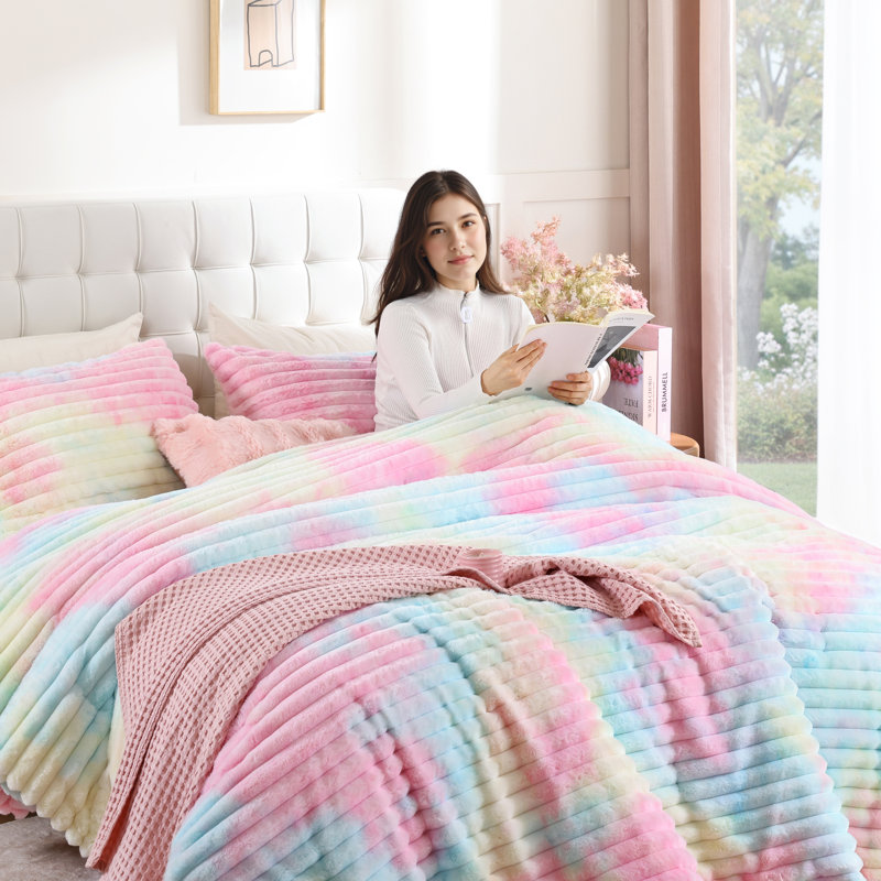 Fluffy Comforter Set 3 Pieces- All Seasons Heavy Faux Fur Comforter With Two Pillowcases, Rainbow