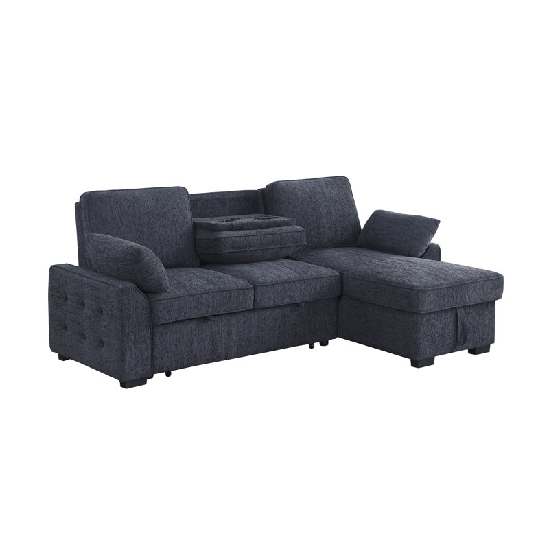Mackenzie 91"W Charcoal Chenille Fabric Reversible Sleeper Sectional with Storage Chaise, Drop-Down Table, Cup Holders and Charging Ports
