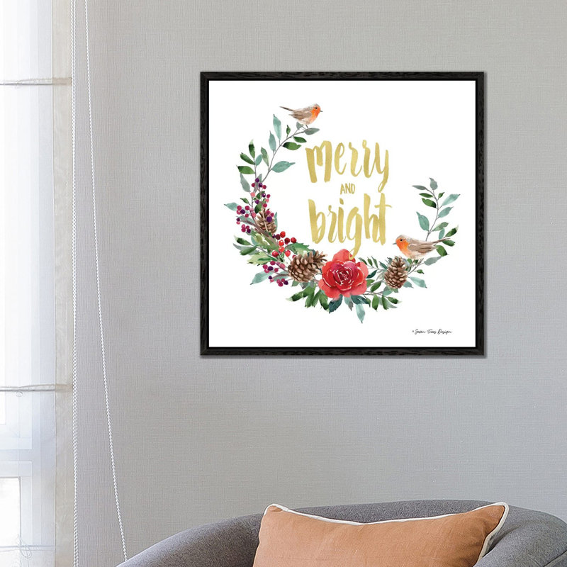 Merry And Bright Robin Wreath by Seven Trees Design - Gallery-Wrapped Canvas Giclée on Canvas, Black Framed