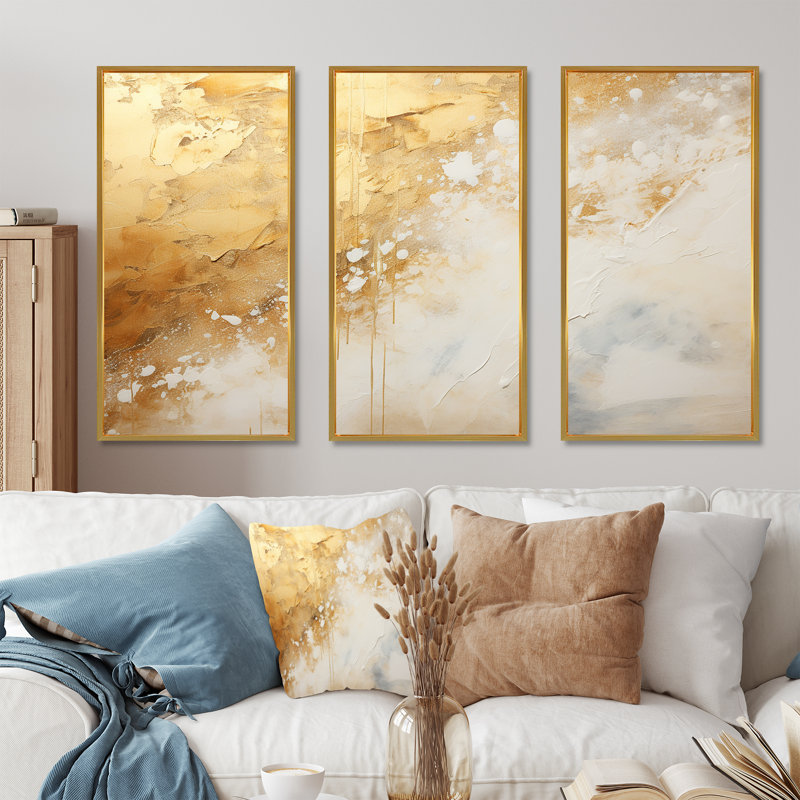 Ensemble de salon art mural en marbre doré blanc Geode Magic III, Cadre flottant doré, H 28 po x l 36 po x P 1 po