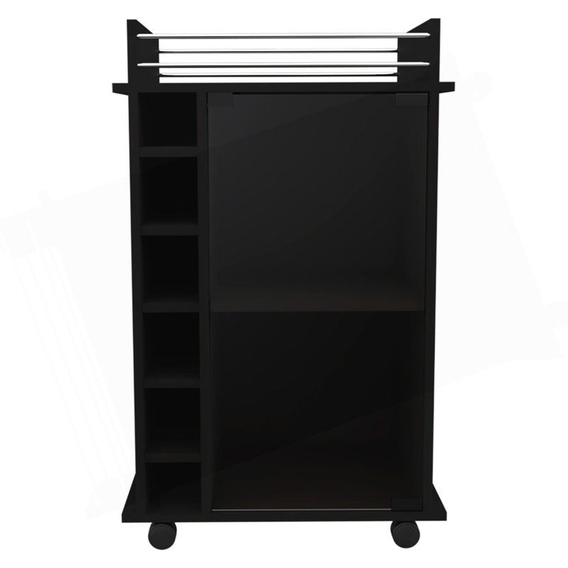 Bar Cart, Glass Door, Four Casters, Two Shelves, Black