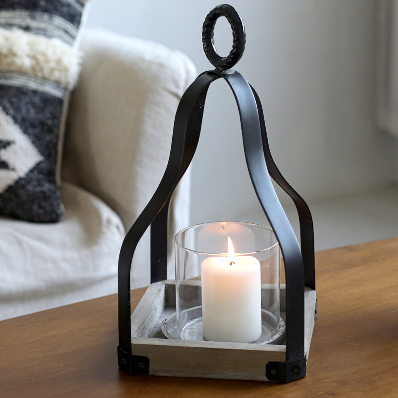 13" Rustic Wood And Metal Candle Lantern