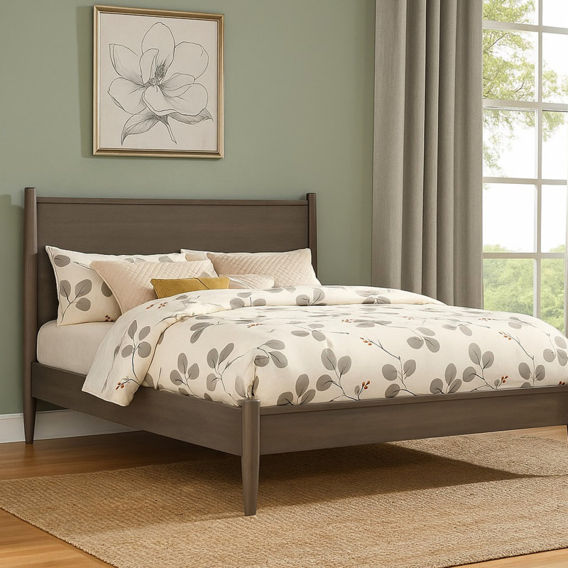 Lit plateforme très grand Mid-Century moderne gris, pieds fuselés, structure, ensemble de lattes, sans sommier, gris