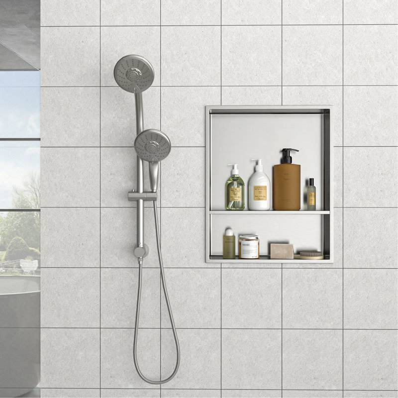 Double niche de douche en acier inoxydable, nickel brossé, H 3,94 po x l 21 po x P 17 po, Nickel brossé