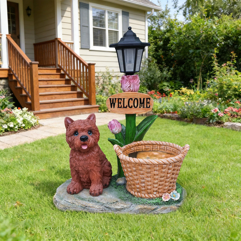 Statue d'extérieur de jardinière solaire chiot assis