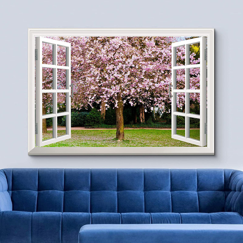 Fenêtre, paysage, fleurs de sakura en fleurs au printemps - impression sur toile tendue, H 24 po x l 36 po