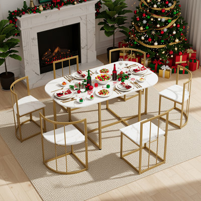 Ensemble de table de salle à manger moderne avec plateau en faux marbre 7 pièces Modern