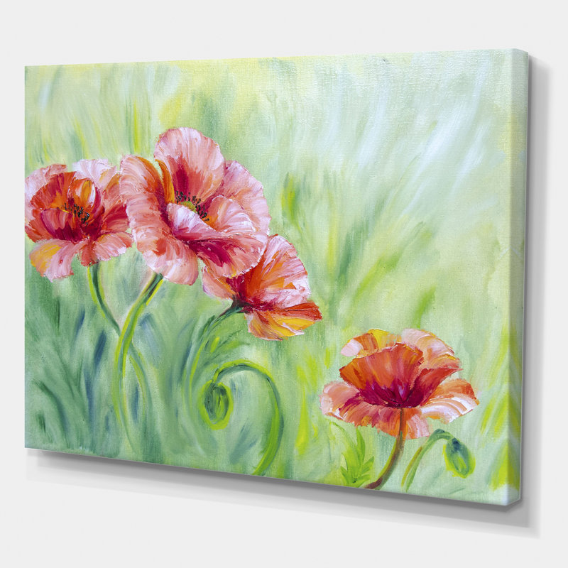 «Red Blossoming Poppies II», peinture sur toile, H 12 po x l 20 po x p 1 po, Toile tendue