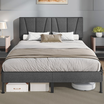 Bed Frame, 150×200 cm/135×190 cm, Upholstered Metal Bed Frame with Headboard, Easy Assembly, No Box Spring Needed
