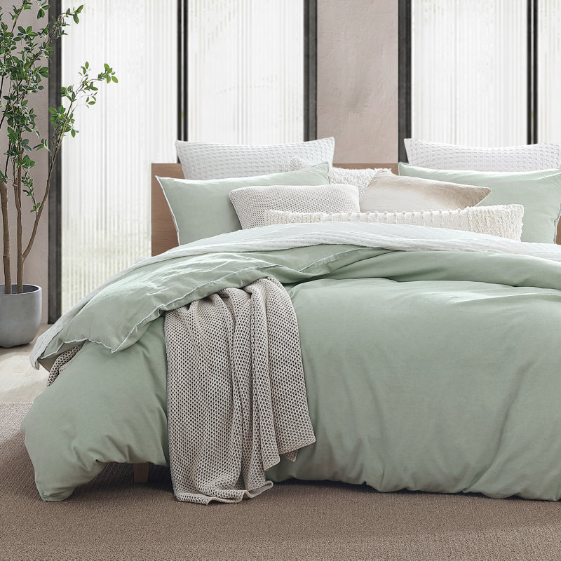 Cotton Blend 3 Piece Duvet Cover Set, Super King Duvet Cover + 2 Pillowcases, Sage