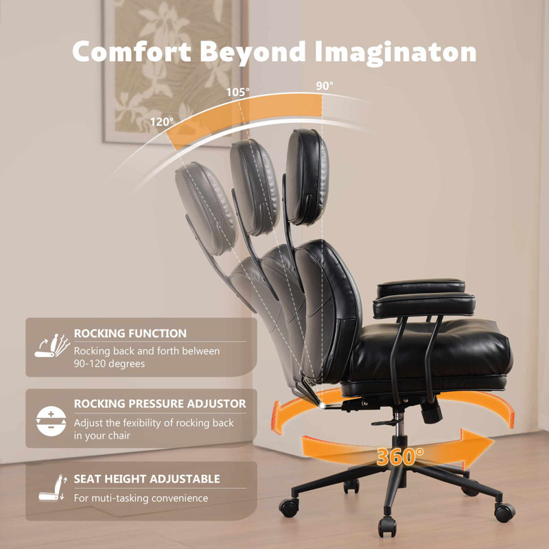 Ergonomic Executive Office Chair, Extra Wide Tufted Seat, High Back Reclining Desk Chair with Lumbar Support, Swivel & Cloud-Like Comfort
