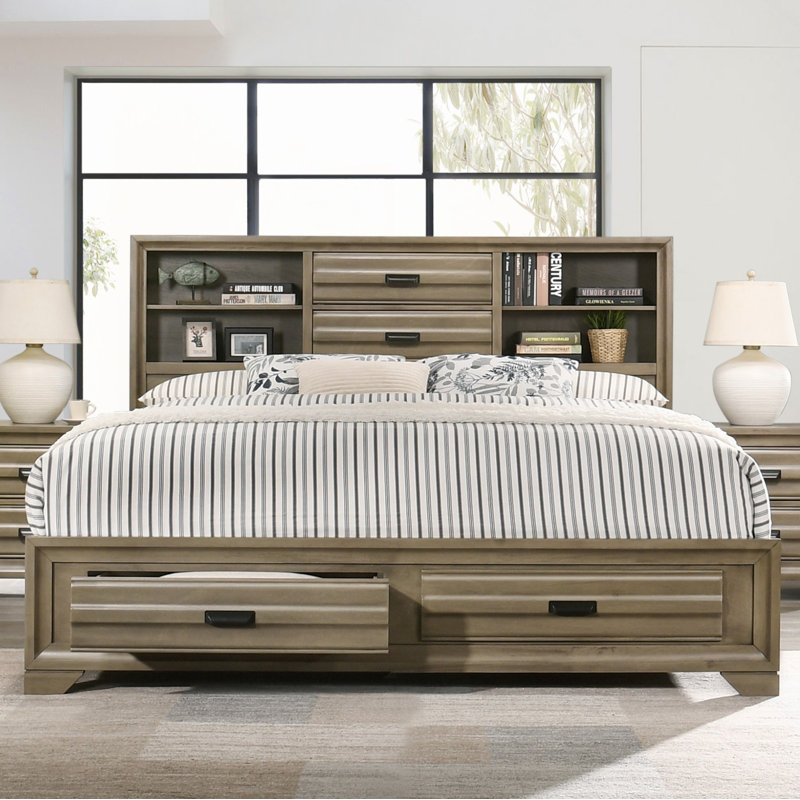 Ensemble de chambre avec lit plateforme 4 pièces Dwain, Très grand, Ensemble de 4 pièces : lit, table de chevet, comm