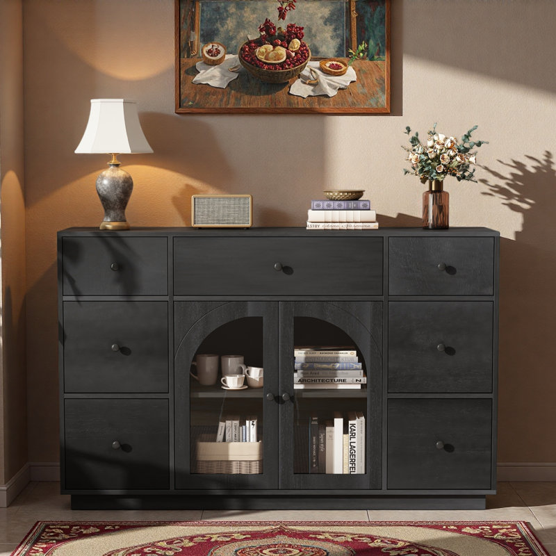 Armoire avec rangement pour l'entrée du salon et de la salle à manger, grande taille, 2 portes et 7 tiroirs, Noir