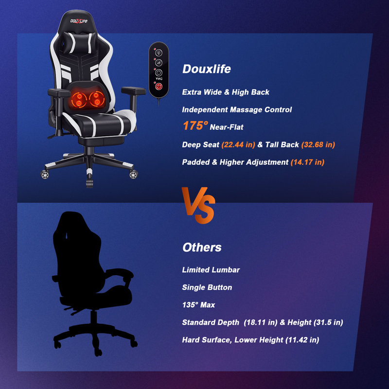 Gaming Chair with Heating and Kneading Massage, Ergonomic Office Chair, 175° Reclining Padded Adjustable 2D Armrests, High Back Computer Chair with Footrest, 400lbs Weight Capacity
