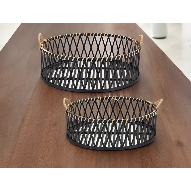 Ensemble de deux plateaux de service ronds en bambou noir et brun clair avec poignées