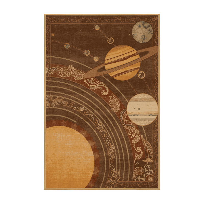 Tapis oriental classique lavable à la machine à système solaire oscar en brun - reliure brun clair, 6 X 9